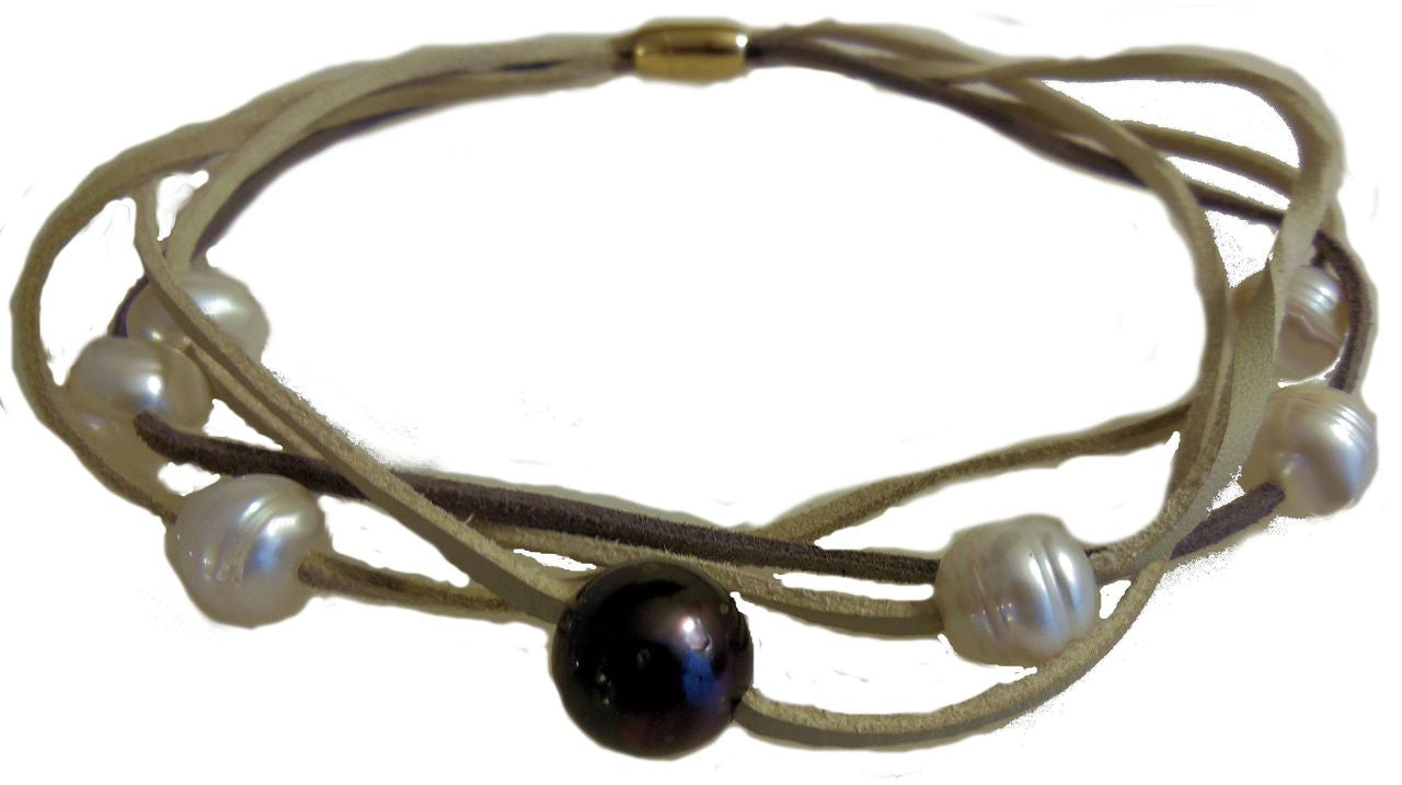 Tahitian & Freshwater Multi-Strand Pearl Necklace: Tan and Taupe Suede Cords. Elegant Magnetic Clasp from Barcelona-0