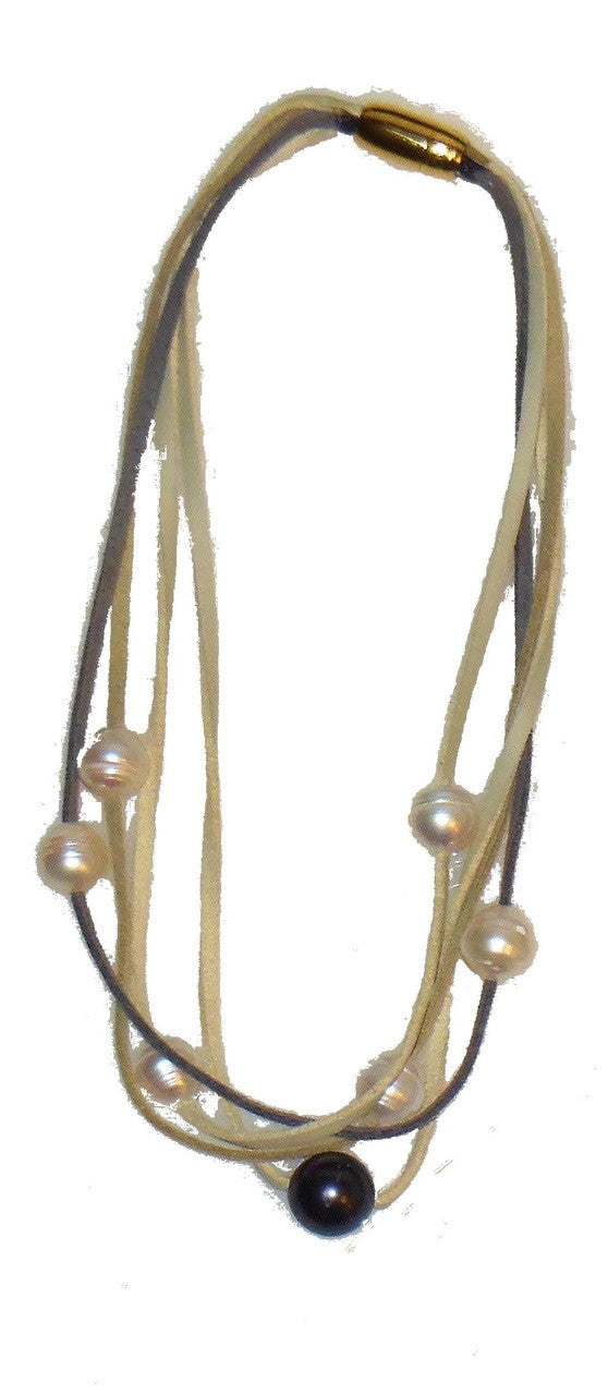 Tahitian & Freshwater Multi-Strand Pearl Necklace: Tan and Taupe Suede Cords. Elegant Magnetic Clasp from Barcelona-4