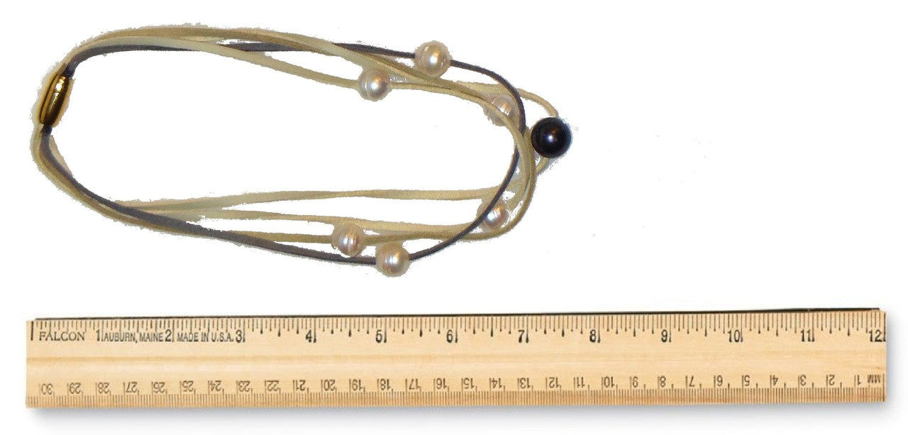 Tahitian & Freshwater Multi-Strand Pearl Necklace: Tan and Taupe Suede Cords. Elegant Magnetic Clasp from Barcelona-1