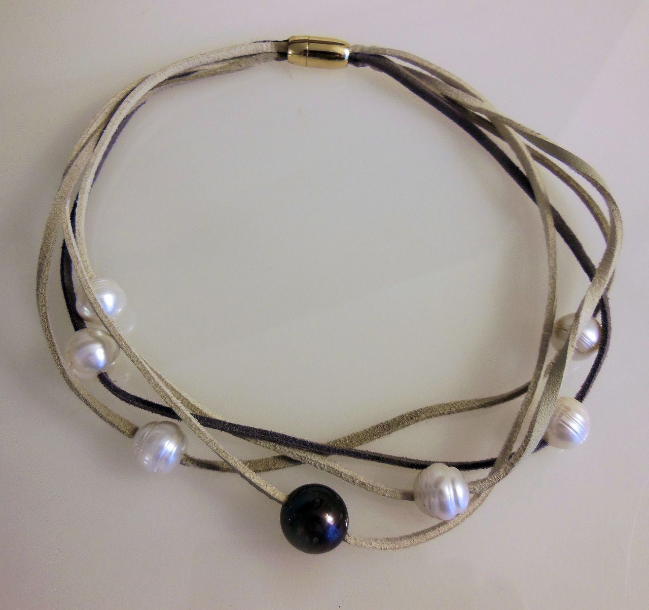 Tahitian & Freshwater Multi-Strand Pearl Necklace: Tan and Taupe Suede Cords. Elegant Magnetic Clasp from Barcelona-7