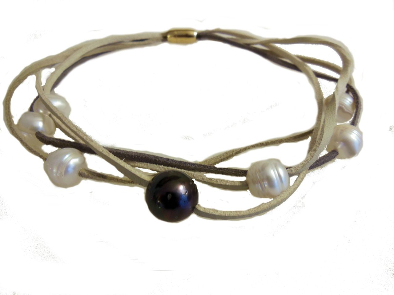 Tahitian & Freshwater Multi-Strand Pearl Necklace: Tan and Taupe Suede Cords. Elegant Magnetic Clasp from Barcelona-5