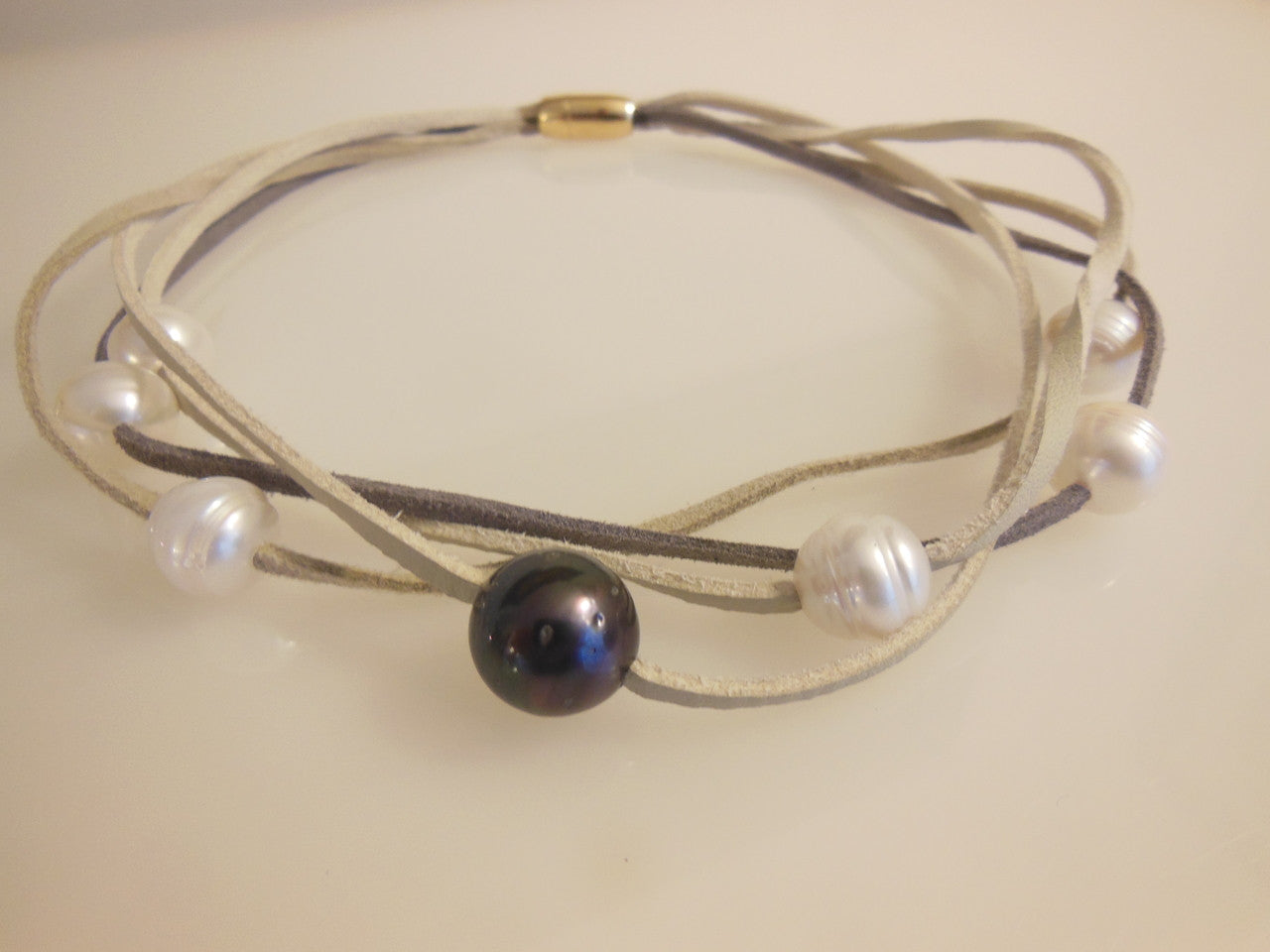 Tahitian & Freshwater Multi-Strand Pearl Necklace: Tan and Taupe Suede Cords. Elegant Magnetic Clasp from Barcelona-9