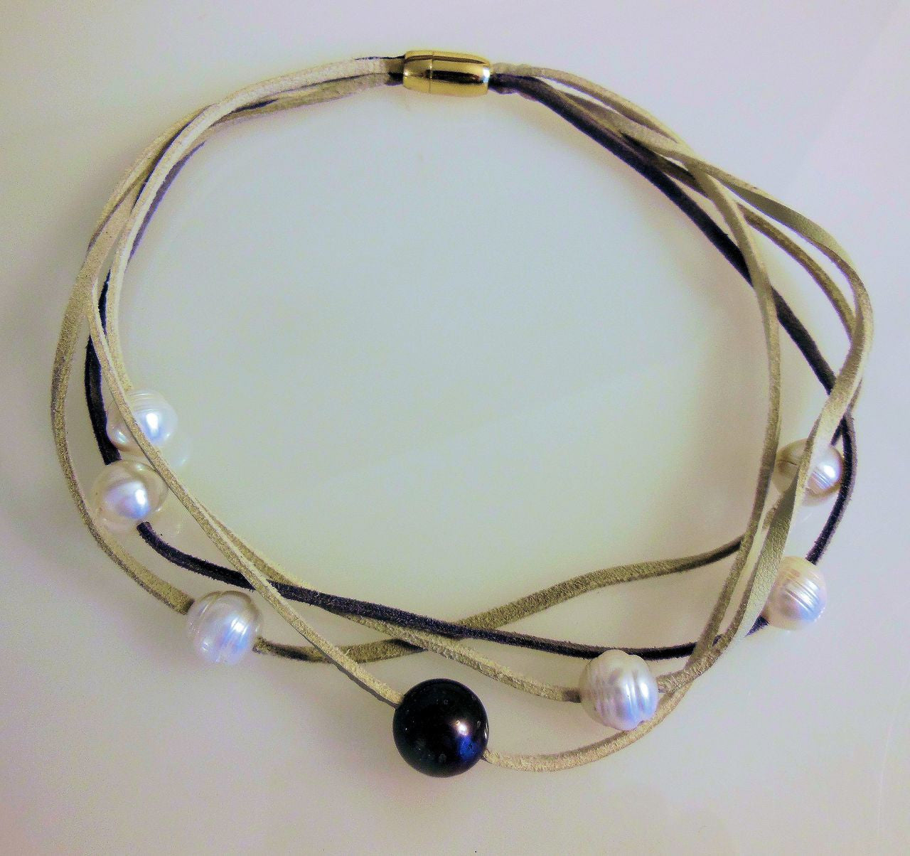 Tahitian & Freshwater Multi-Strand Pearl Necklace: Tan and Taupe Suede Cords. Elegant Magnetic Clasp from Barcelona-6