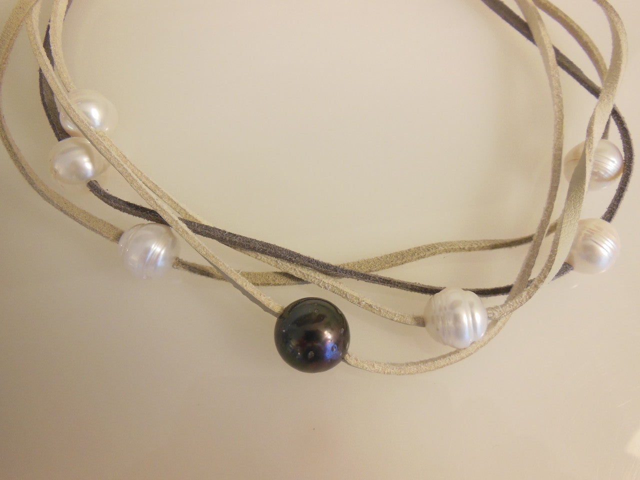 Tahitian & Freshwater Multi-Strand Pearl Necklace: Tan and Taupe Suede Cords. Elegant Magnetic Clasp from Barcelona-8