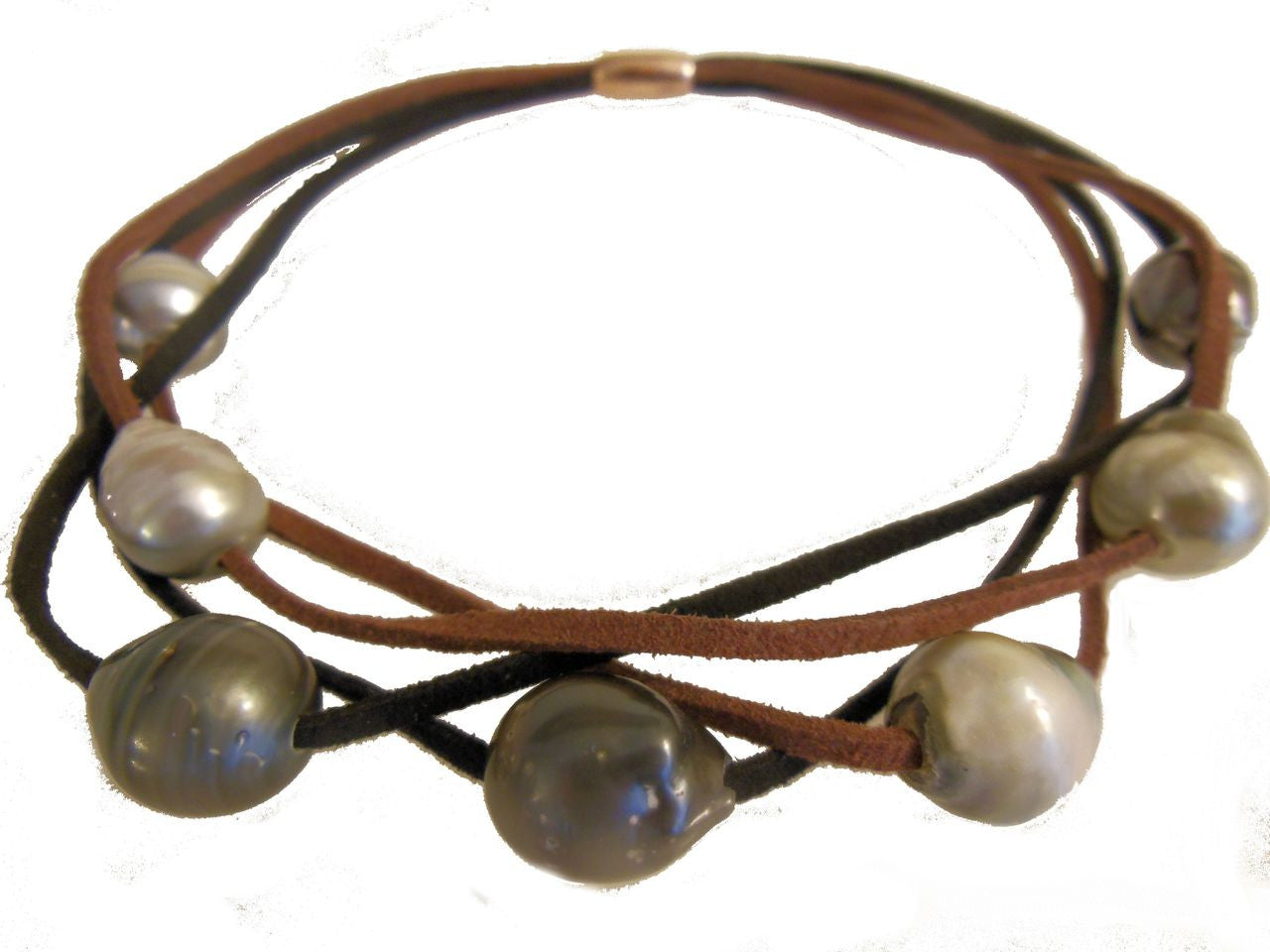 Tahitian & Freshwater Multi-Strand Pearl Necklace: Tan and Taupe Suede Cords. Elegant Magnetic Clasp from Barcelona-11