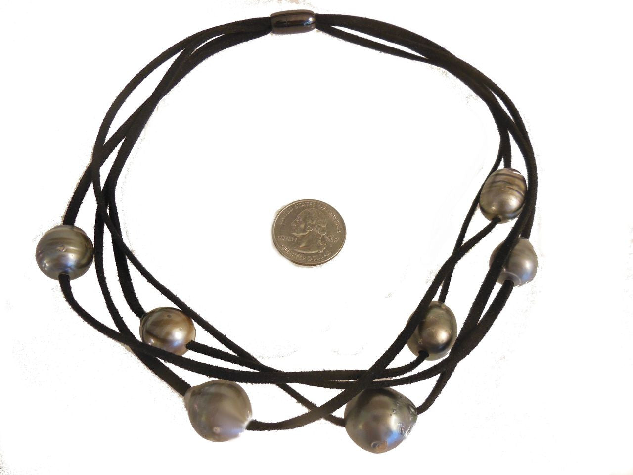 Tahitian & Freshwater Multi-Strand Pearl Necklace: Tan and Taupe Suede Cords. Elegant Magnetic Clasp from Barcelona-12