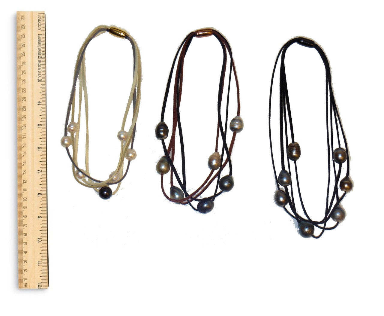Tahitian & Freshwater Multi-Strand Pearl Necklace: Tan and Taupe Suede Cords. Elegant Magnetic Clasp from Barcelona-3