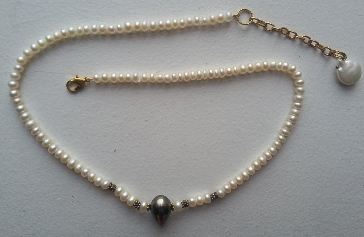 Tahitian Pearl necklace- Side drilled teardrop baroque on Chinese button pearls.-4