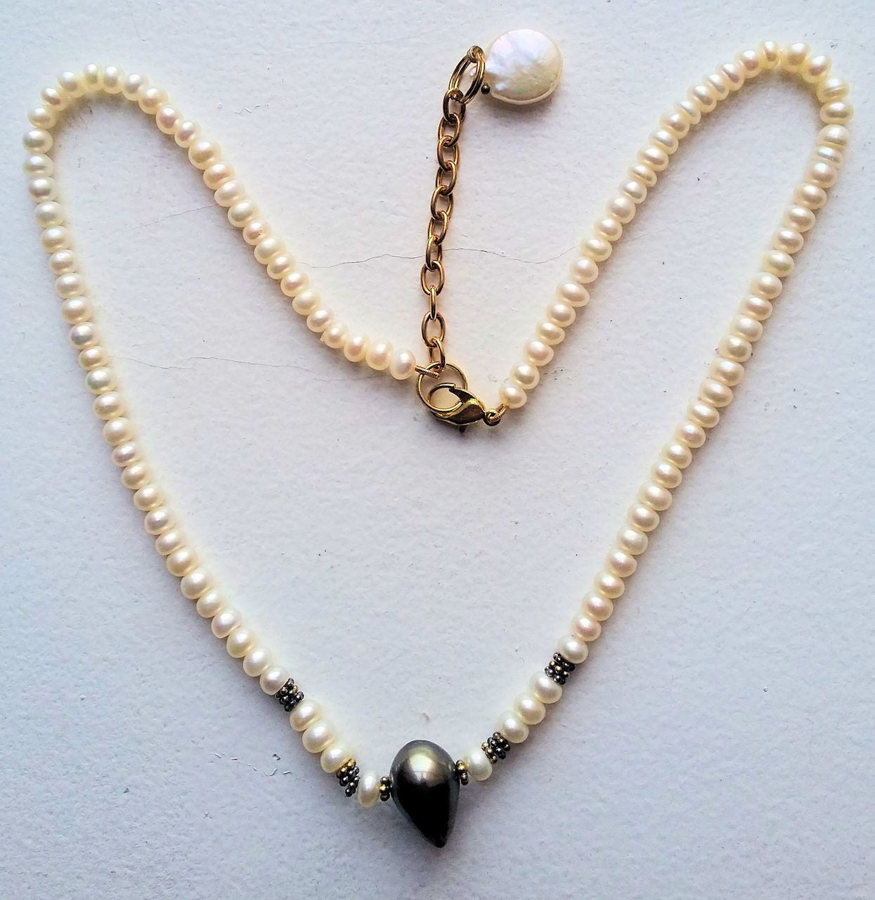 Tahitian Pearl necklace- Side drilled teardrop baroque on Chinese button pearls.-7