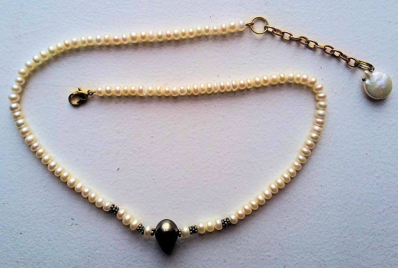 Tahitian Pearl necklace- Side drilled teardrop baroque on Chinese button pearls.-6