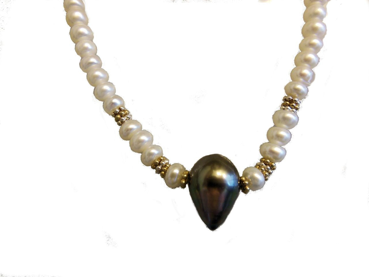 Tahitian Pearl necklace- Side drilled teardrop baroque on Chinese button pearls.-5