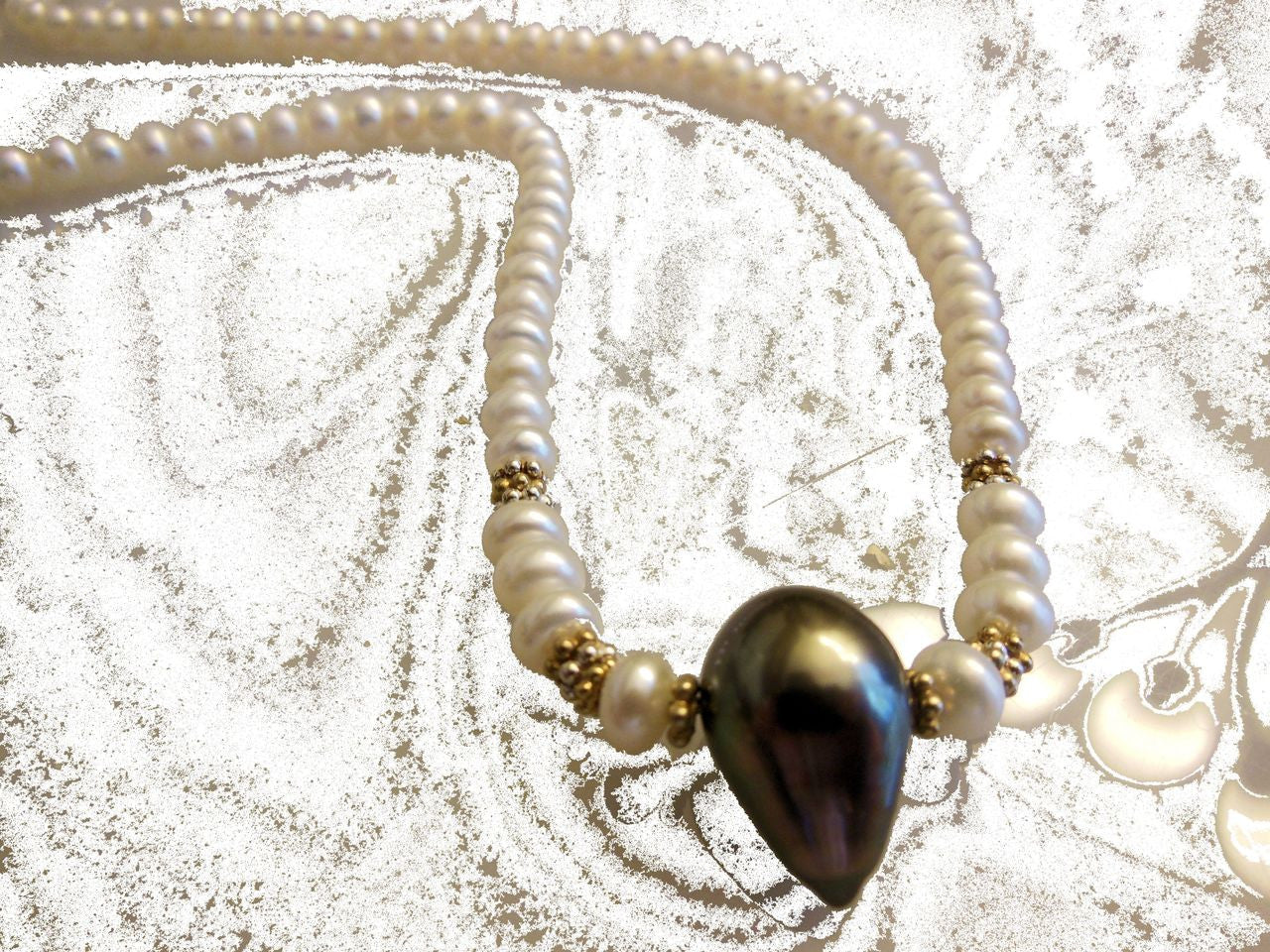 Tahitian Pearl necklace- Side drilled teardrop baroque on Chinese button pearls.-9