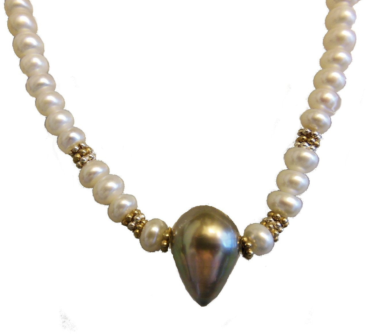 Tahitian Pearl necklace- Side drilled teardrop baroque on Chinese button pearls.-1
