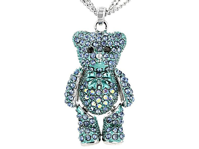 Sparkle, Wiggly, Teddy Bear Pendant/Necklace in Blue Crystals & Moving Arms & Legs