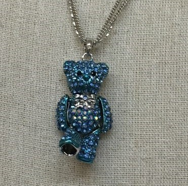 Sparkle, Wiggly, Teddy Bear Pendant/Necklace in Blue Crystals & Moving Arms & Legs
