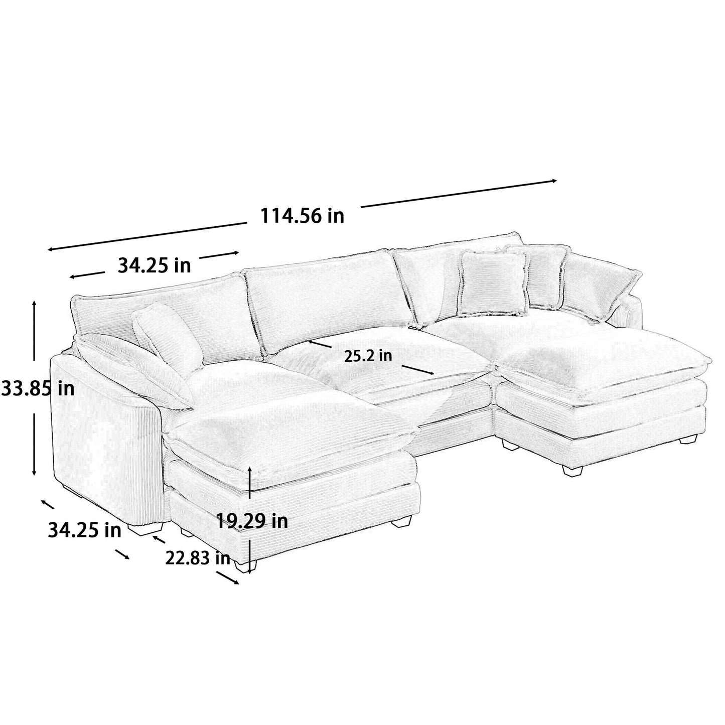 Oversized Modular Cushion Sofa with Ottomans, Comfy Upholstered U-Shaped Convertible Corner Sectional Sofa, Light Beige Corduroy