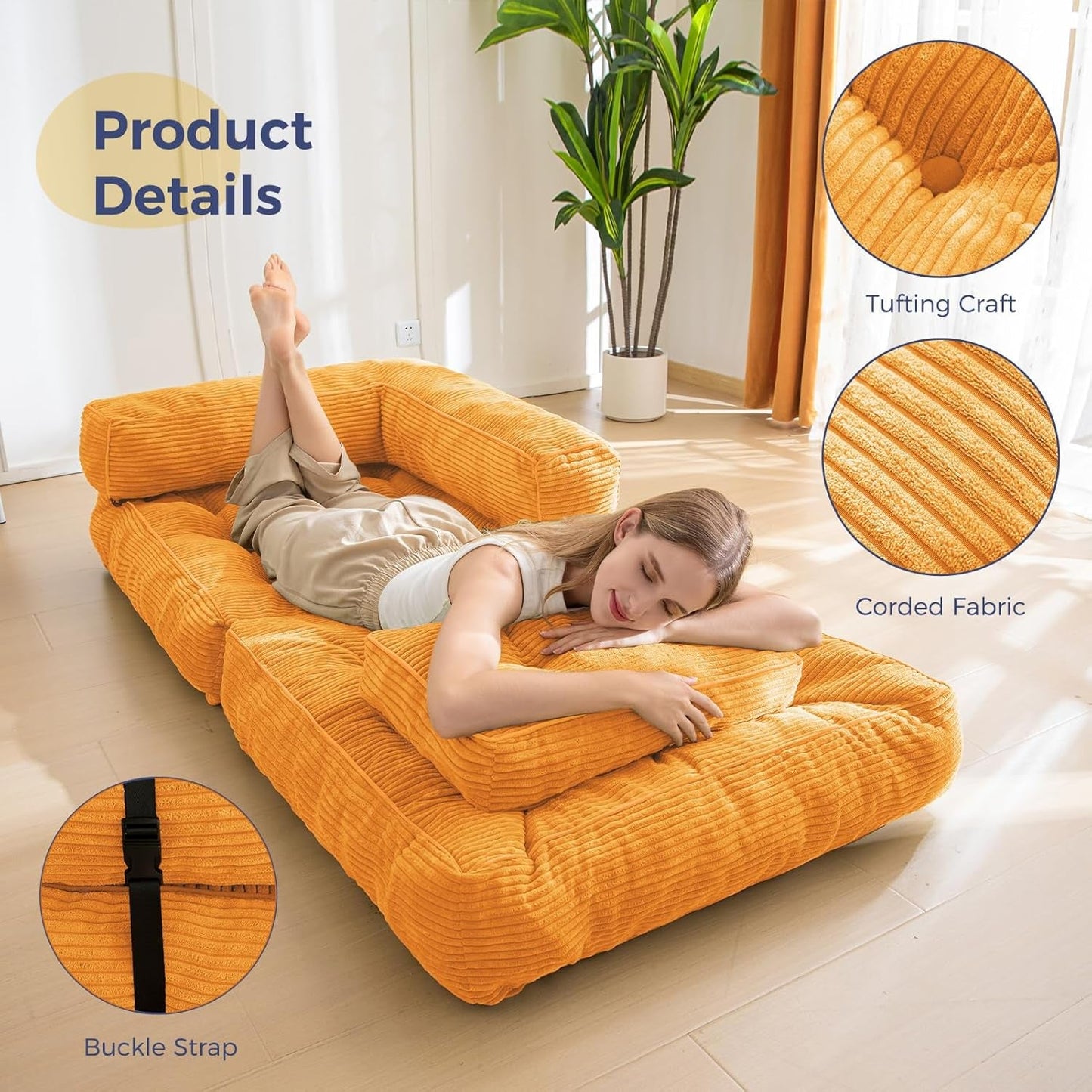 Folding Sofa Bed, L-Shaped Convertible Sofa Bed with Armrest Foldable Sleeper Sofa with Pillow, Portable Fold Out Chair Bed Comfy Floor Sofa Lounge for Living Room Bedroom, Orange