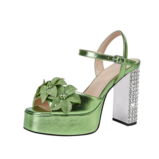 Charming Floral Open Toe Gem Encrusted Heel Sandals