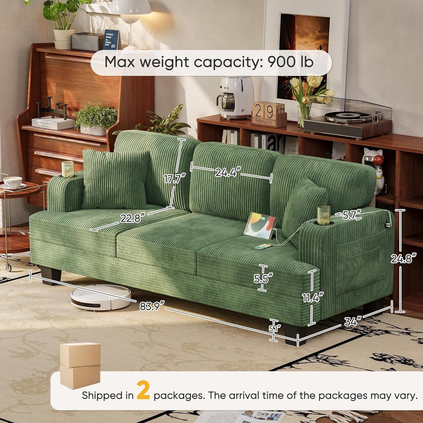 Comfy 83 Inch Sofa with USB Ports and Pillows