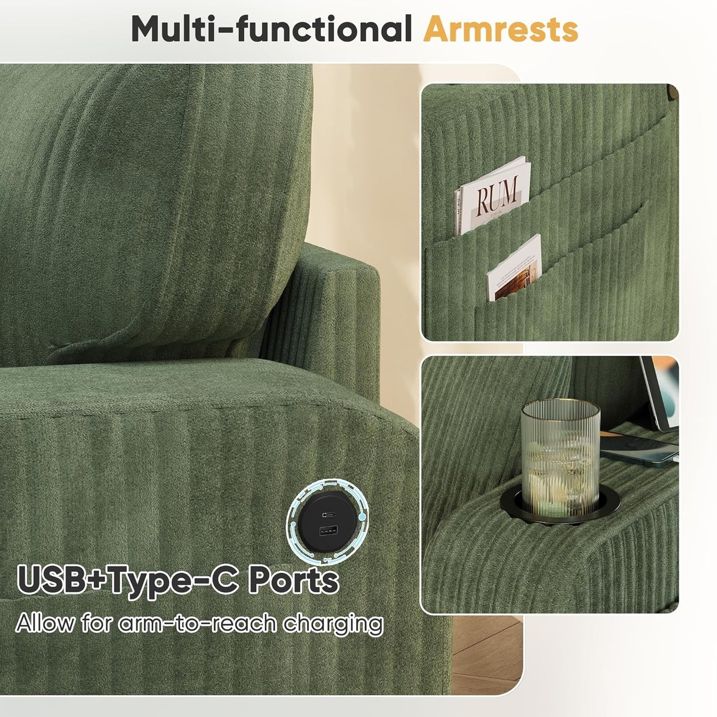 Comfy 83 Inch Sofa with USB Ports and Pillows