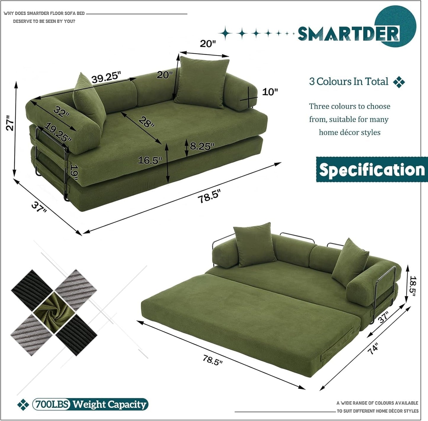 Convertible Folding Sofa Bed with Removable Backrest
