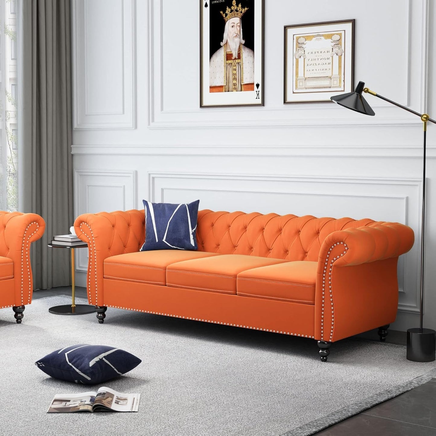 3-Piece Living Room Sectional Sofa Set, Upholstered Sofa Modern Sofa Couches Set Style Button Tufted, Velvet Chesterfield Sofa for Living Room Apartment, 1+2+3 Seat Orange