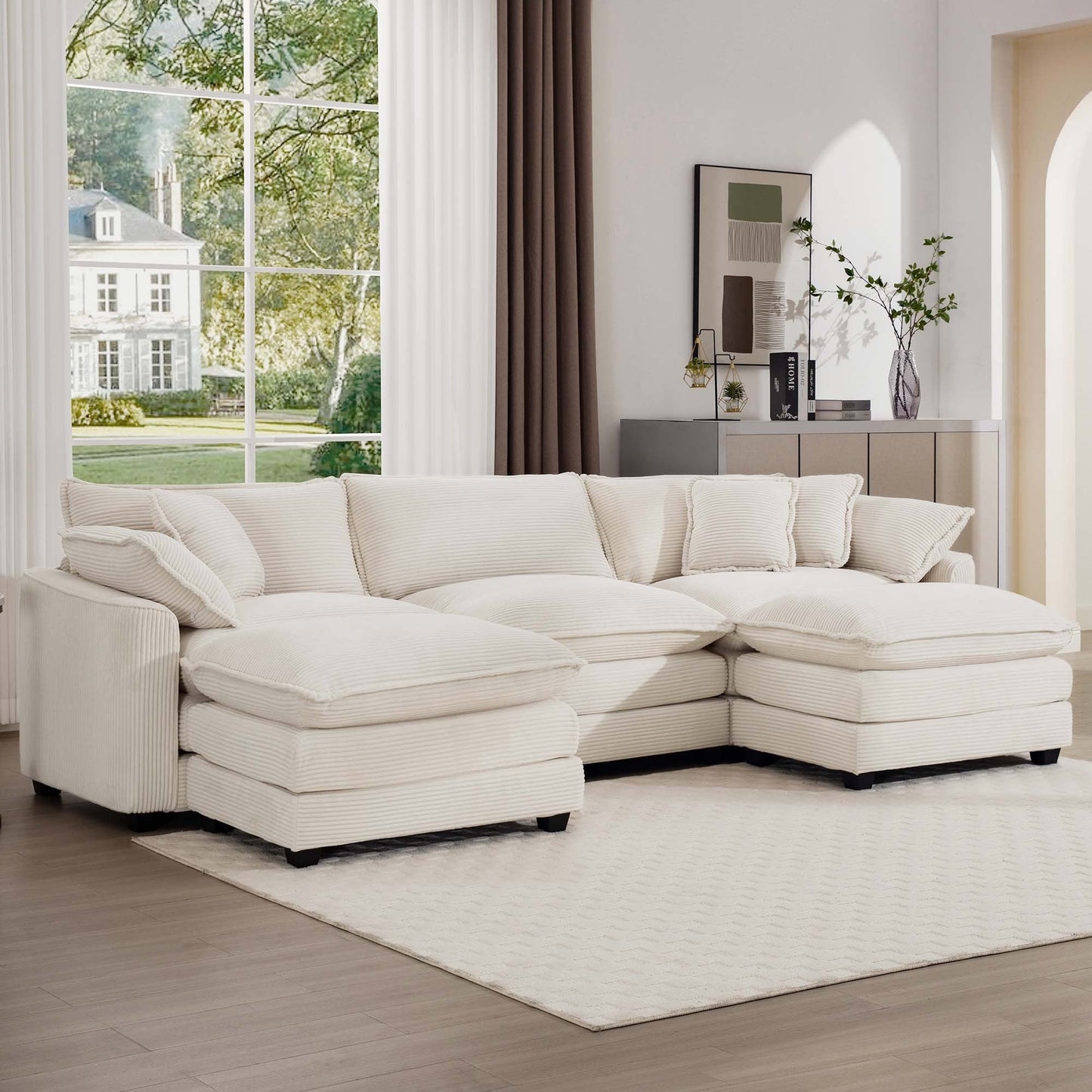 Oversized Modular Cushion Sofa with Ottomans, Comfy Upholstered U-Shaped Convertible Corner Sectional Sofa, Light Beige Corduroy
