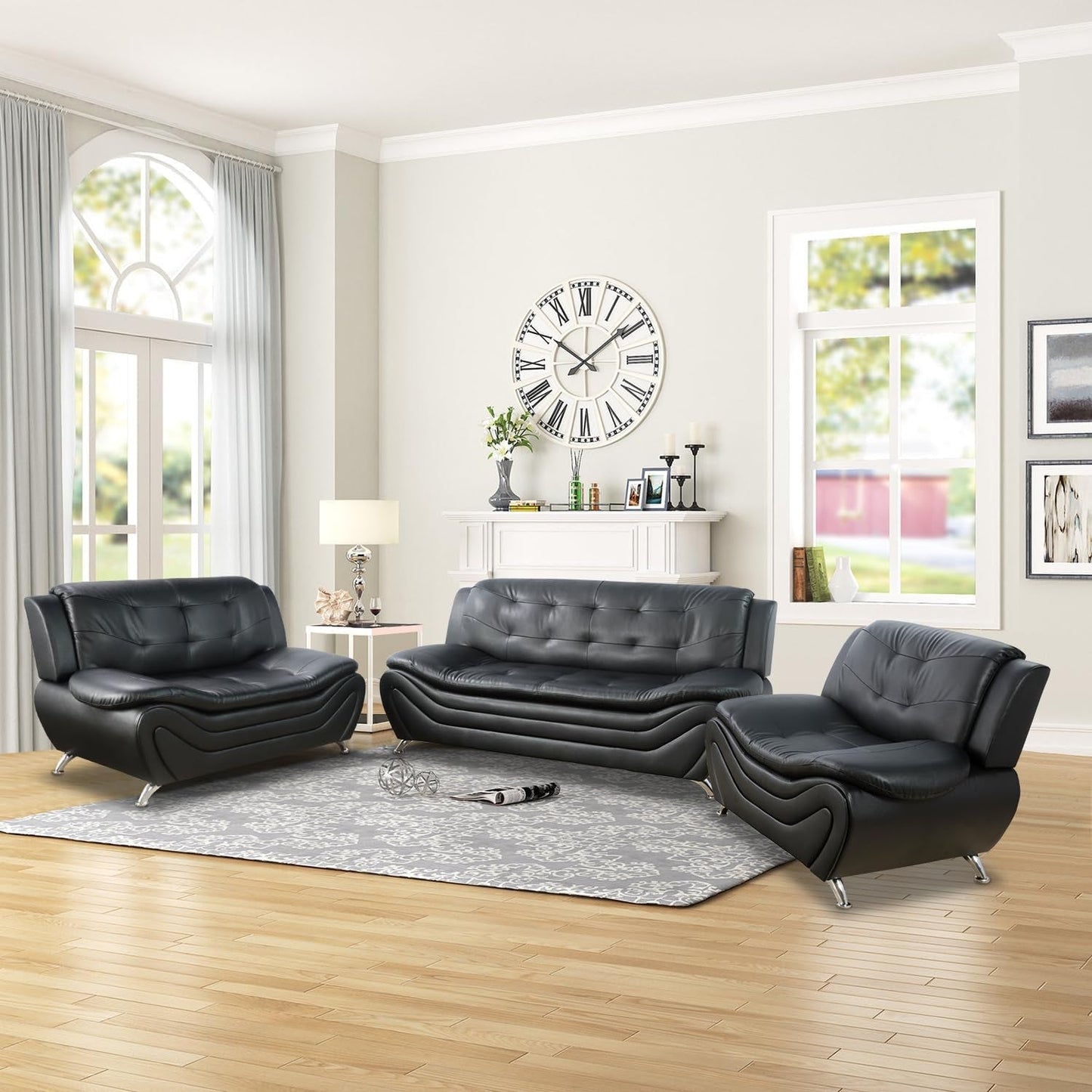 Leather Sofa Set,Leather Sofa Set for Living Room Furniture Sets, Loveseat Sofa with Chair 3-Piece for Living Room/Office/Apartment(Black)