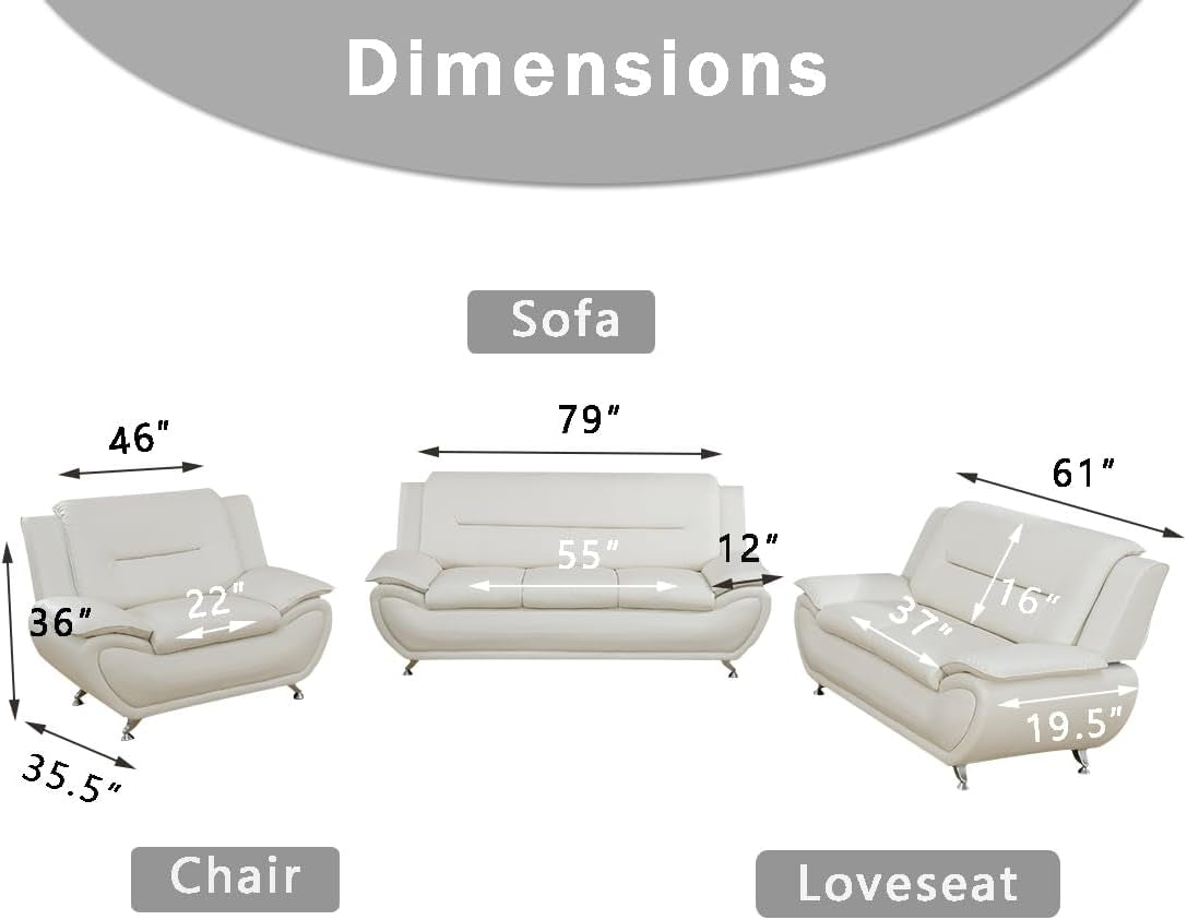 Leather 2 Piece Sofa Set, Sectional Couch, Modern Sofa for Living Room, Bedroom - B-Creamy White
