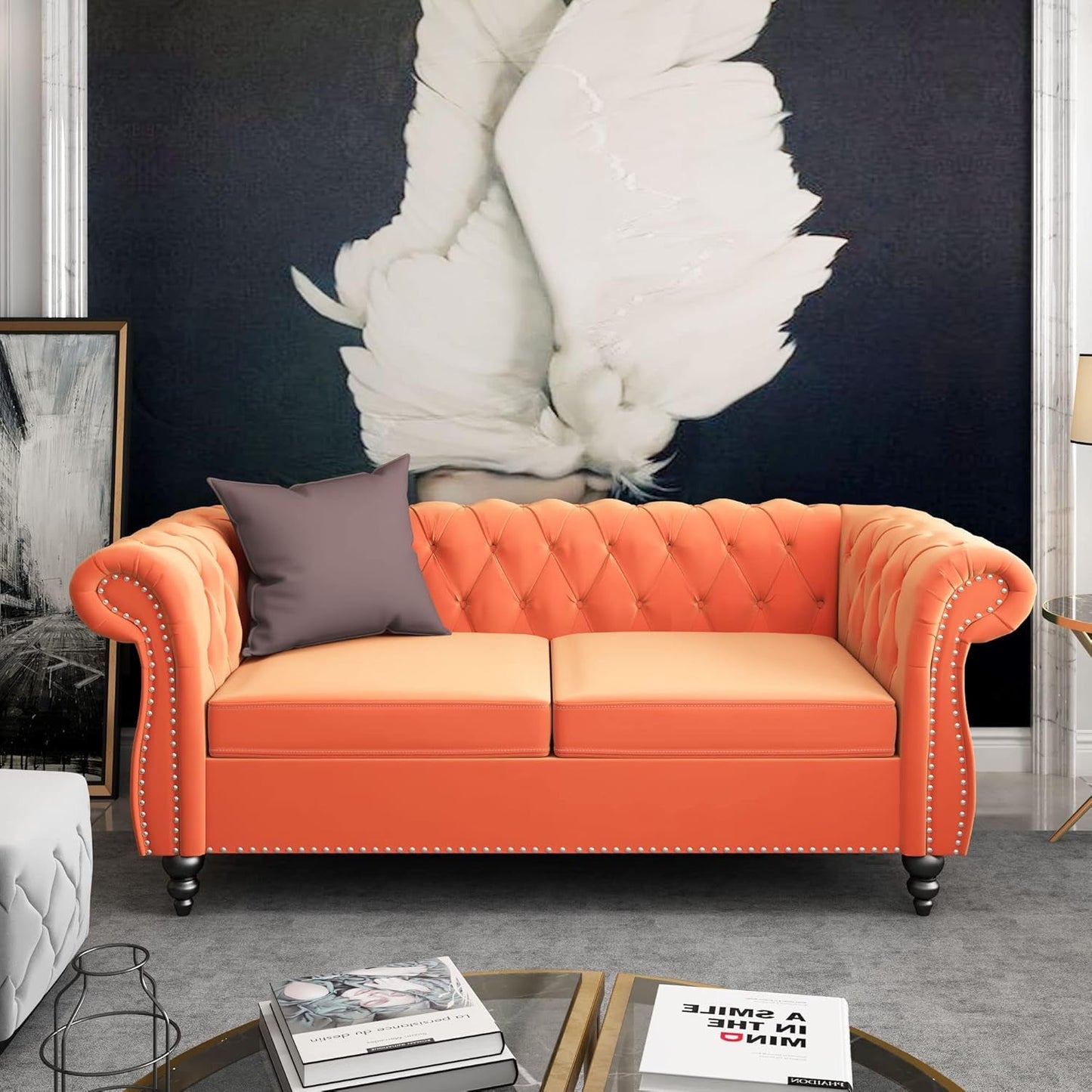 3-Piece Living Room Sectional Sofa Set, Upholstered Sofa Modern Sofa Couches Set Style Button Tufted, Velvet Chesterfield Sofa for Living Room Apartment, 1+2+3 Seat Orange