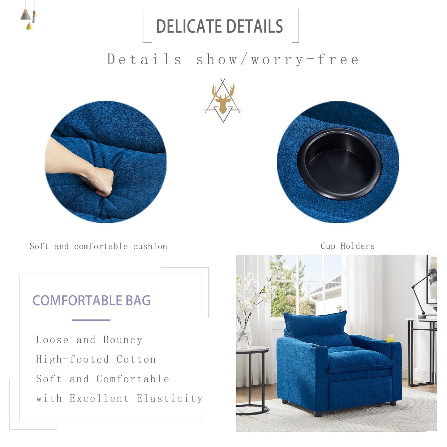 Sleeper Sofa Chair Bed, Convertible Sofa Chair 3-in-1, Adjustable Sleeper Chair Pullout Sofa Bed with Modern Velvet Fabric for Living Room Apartment Small Space, Blue