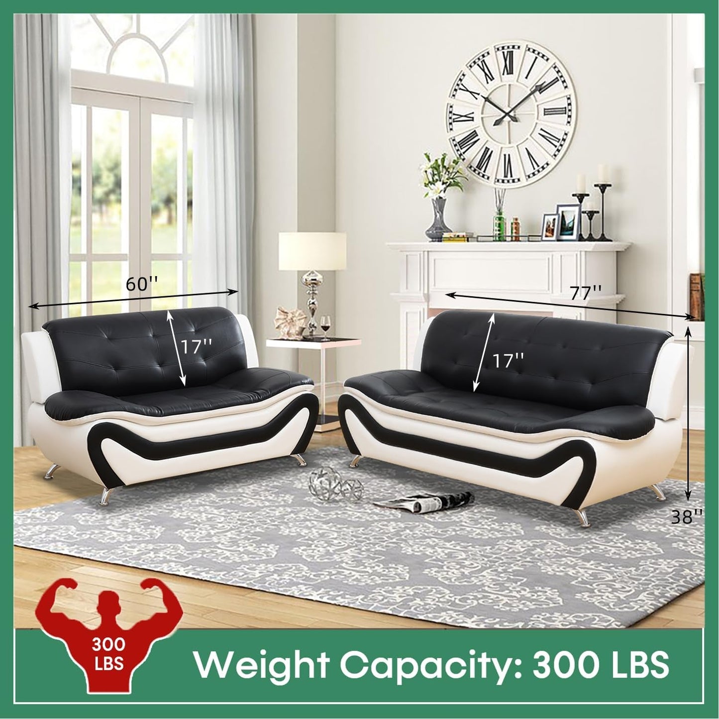 Leather Sofa Set,Leather Sofa Set for Living Room Furniture Sets, Loveseat Sofa with Chair 3-Piece for Living Room/Office/Apartment(Black&White)