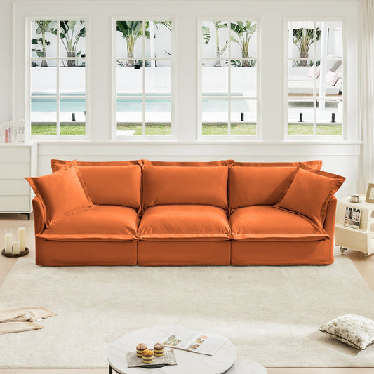 Slipcovered Sofa Couch, Modern 3 Seater Sofa with Suppleness Armrests, Chenille Fleece Deep Seat Sofa with Soft Multiple Big Pillows, Comfy Couch for Living Room, Apartment,Chenille Fabric, Orange