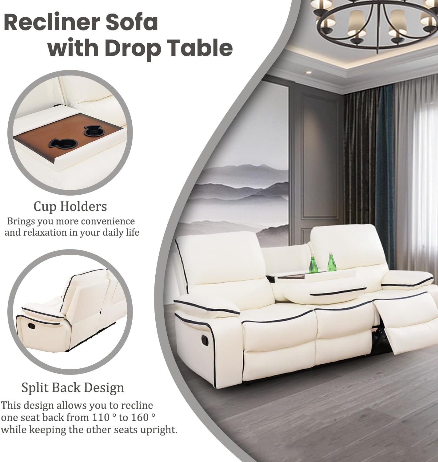 Recliner Sofa Set Bonded Leather, Living Room Furniture Set,Leather Sofa Set Reclining Sofa Manual Recliner Couch (Chair and Sofa Set,Cream White)