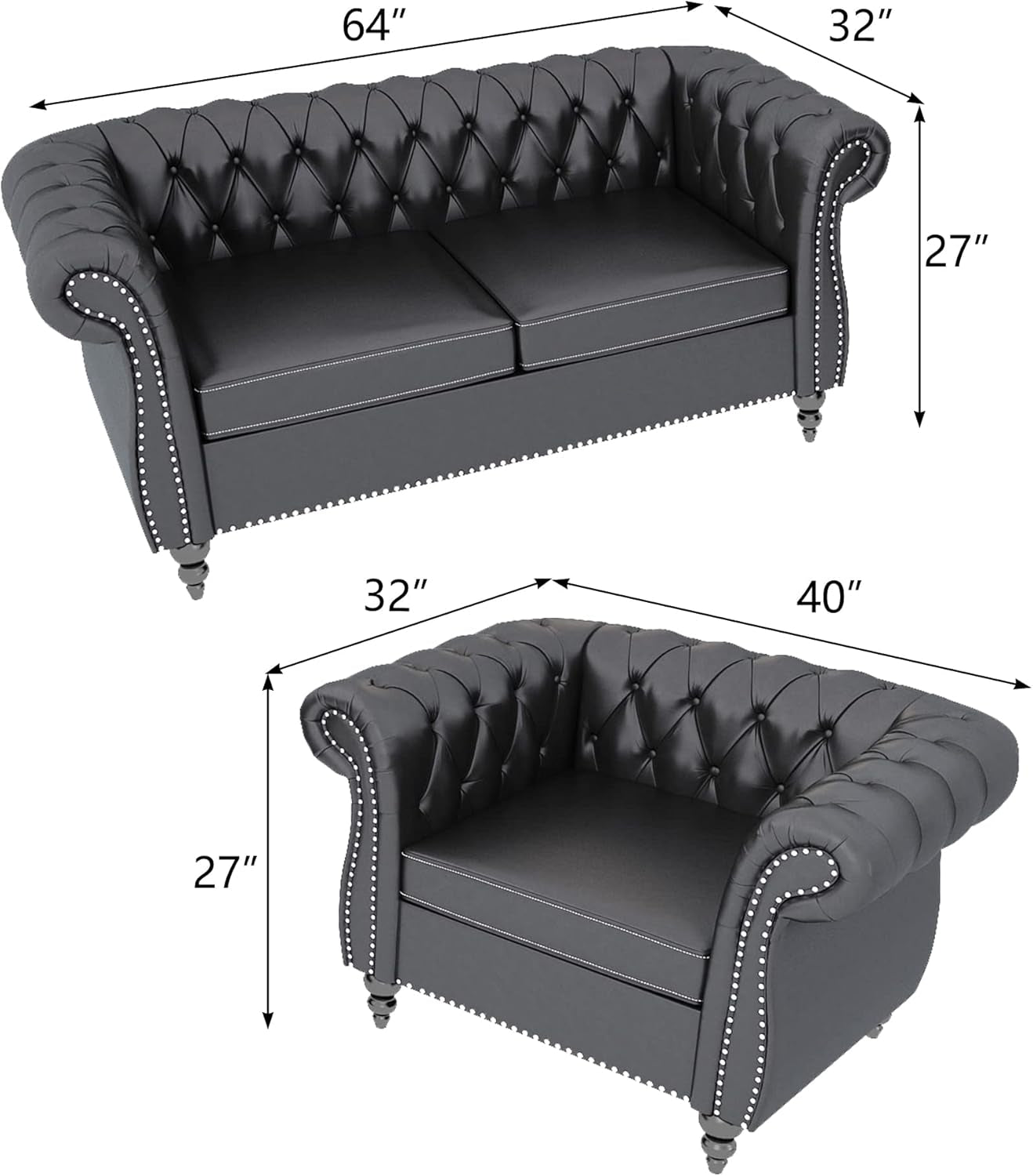 Sectional Modular Sofa Couches, PU Leather Modular Sofa Furniture Set Tufted Cushion Suitable for Small Space Configuration Sofa, Office Meeting Room Couch (PU Black, 1-2)