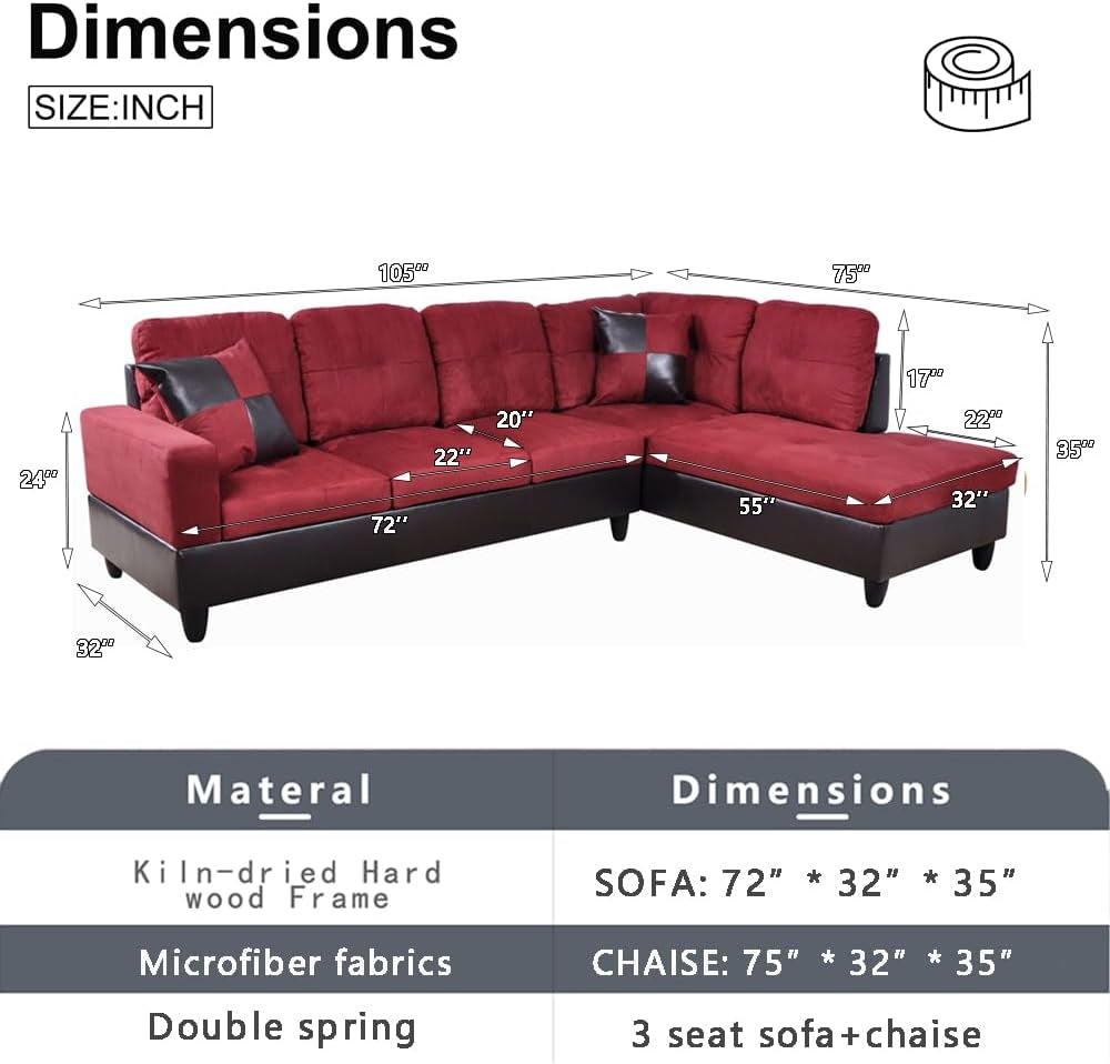 2 Pieces Sectional Sofa Sets, L-Shape Sofa Microfiber Couch Living Room Sofa Set with Chaise Using for Living Room Furniture(A-Red, Right Hand Facing)