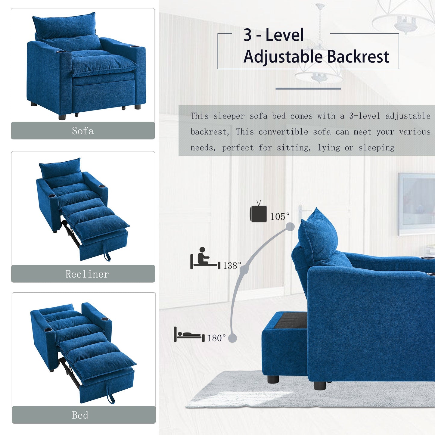 Sleeper Sofa Chair Bed, Convertible Sofa Chair 3-in-1, Adjustable Sleeper Chair Pullout Sofa Bed with Modern Velvet Fabric for Living Room Apartment Small Space, Blue