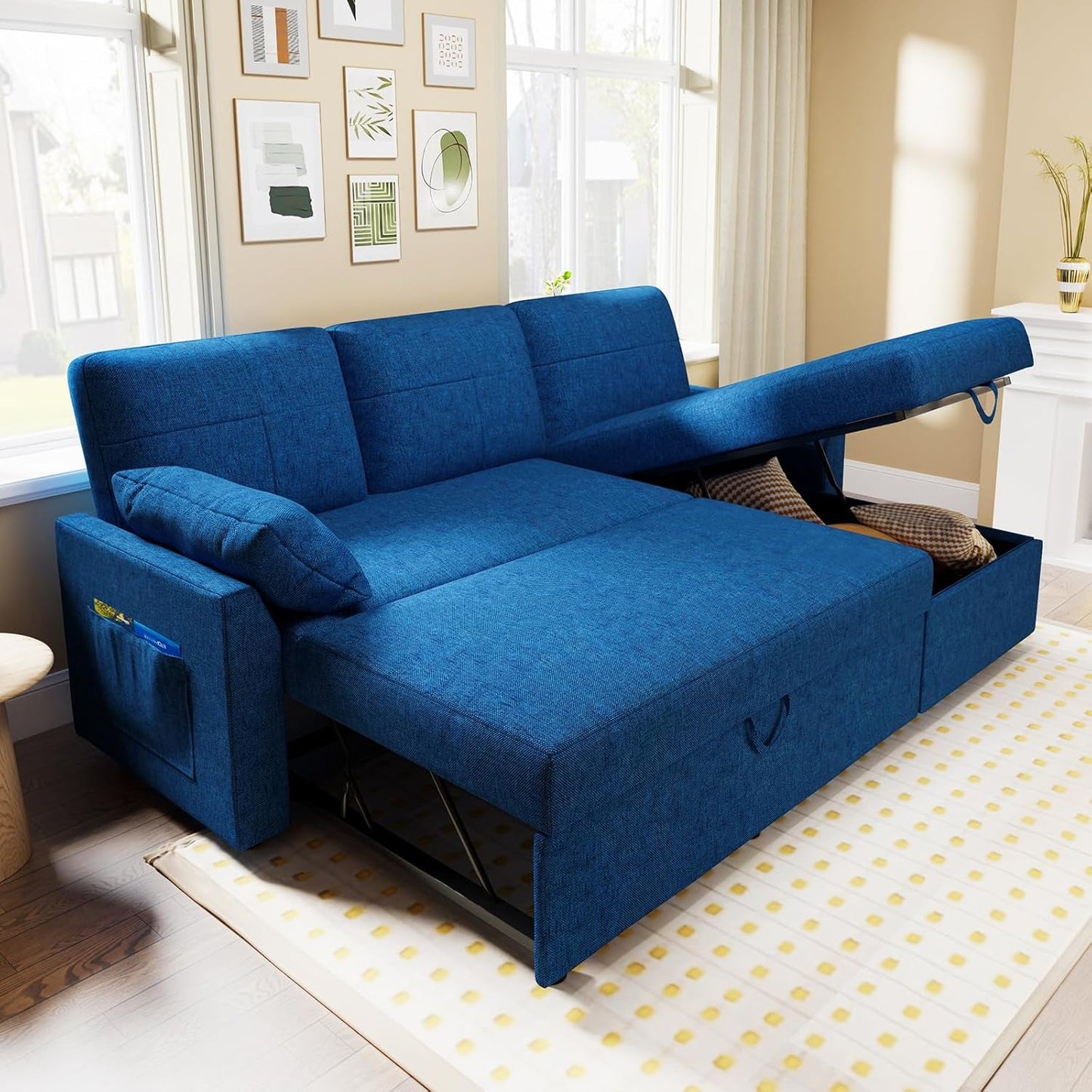 Sofa Bed, Sleeper Sofa with Storage Chaise- 2 in 1 Pull Out Couch Sofa for Home Office, Living Room, Comfy Sofa Sleeper, Blue Linen Couch