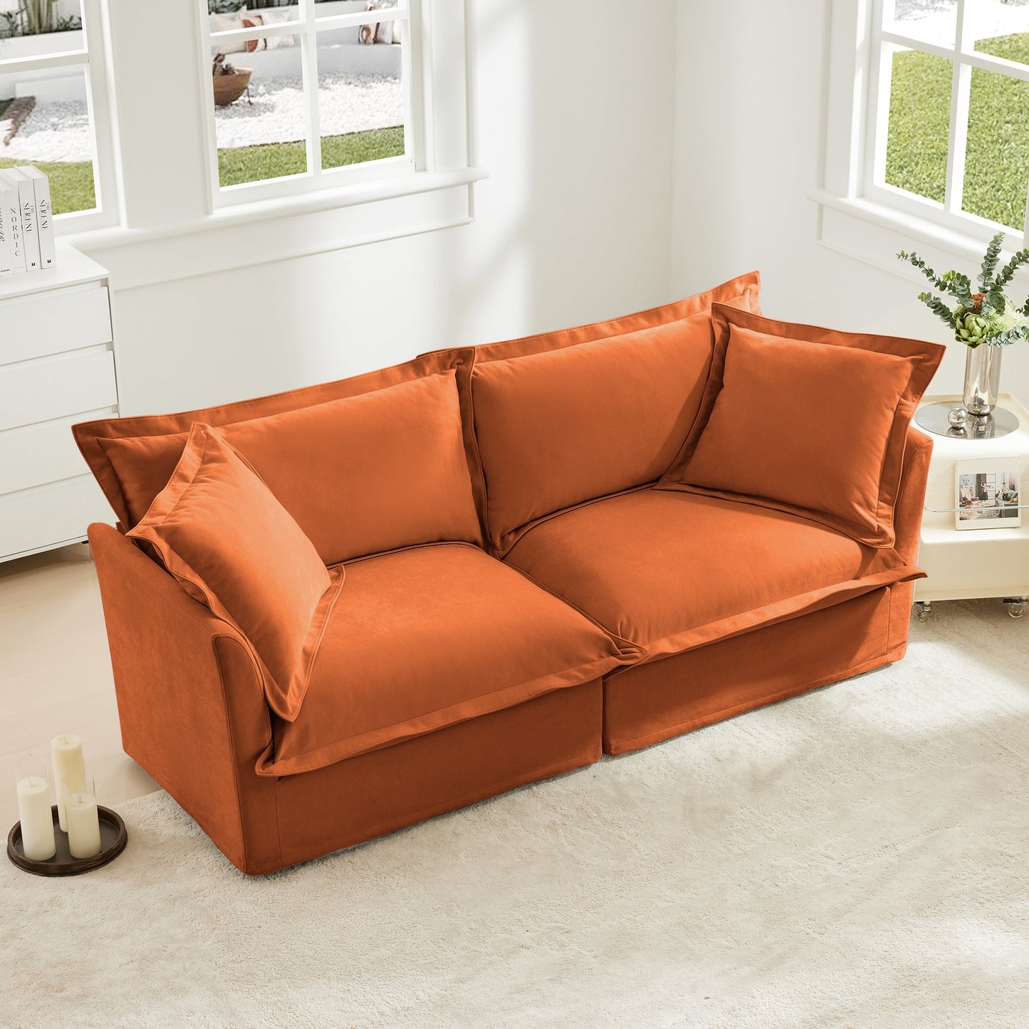 Modern Slipcovered 2-Seat Sofa Couches for Living Room, 2 Seater Sofa, Plain Chenille Deep Seat Sofa with Upholstered Cushion&Detachable Cover, Comfy Sofa Couch for Small Space, Apartment,Orange