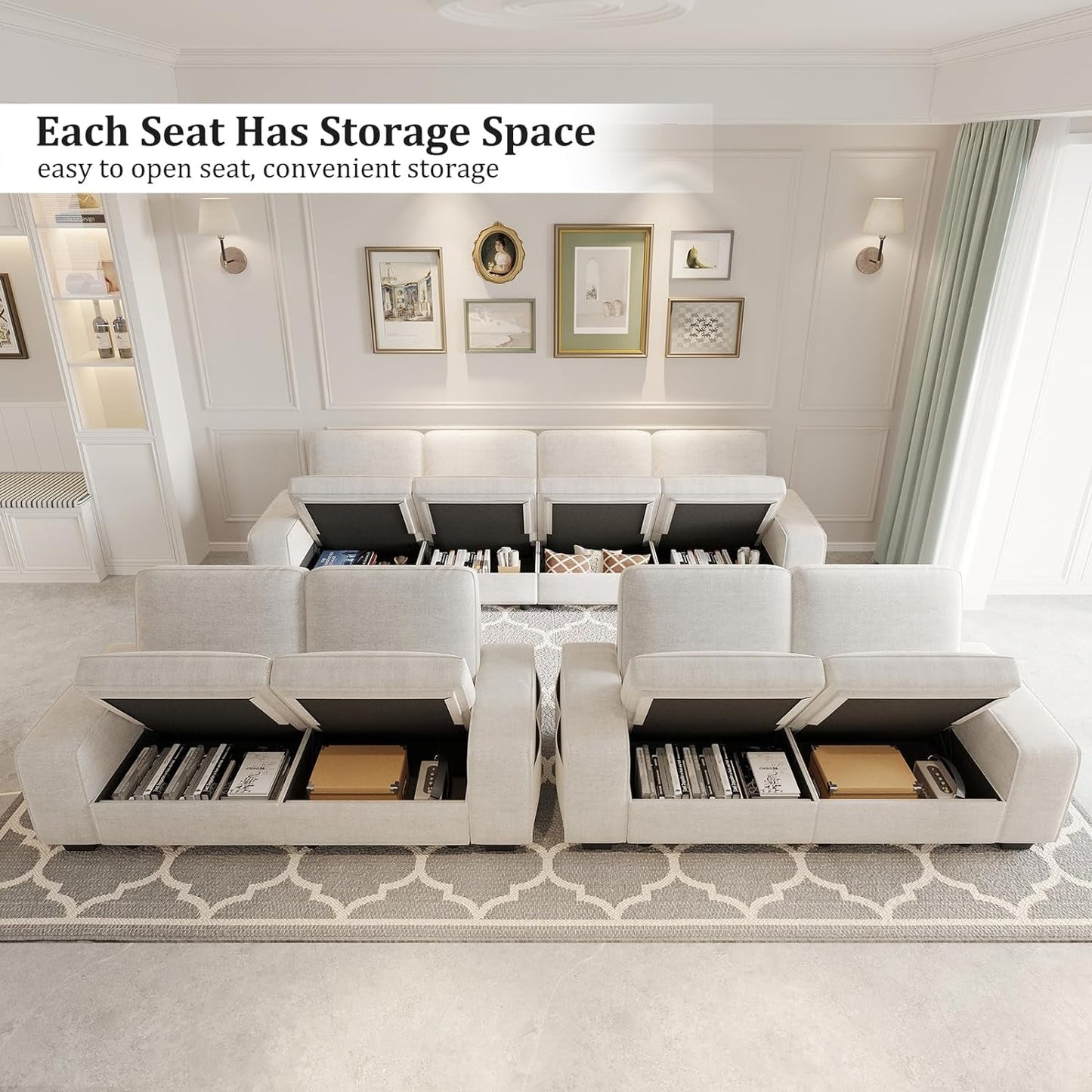 Beige U Shape Sectional Sofa for Living Room/Office 8 Seater Sofa Sets with Large Storage Space Comfy Chenille Cover (4-Seat Modular Sofa & 2×Loveseat Couch)