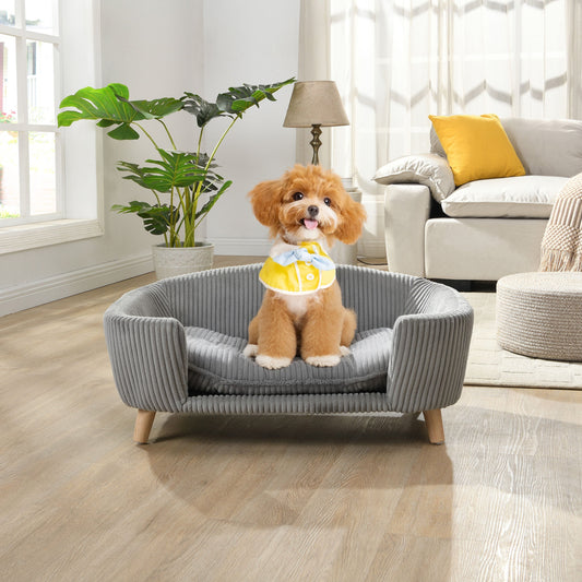 Elevated Dog Bed Frame for Small Dog, Corduroy Pet Couch Bed with Rubber Wood Legs and Supportive Foam, Gray, Easy Assembly