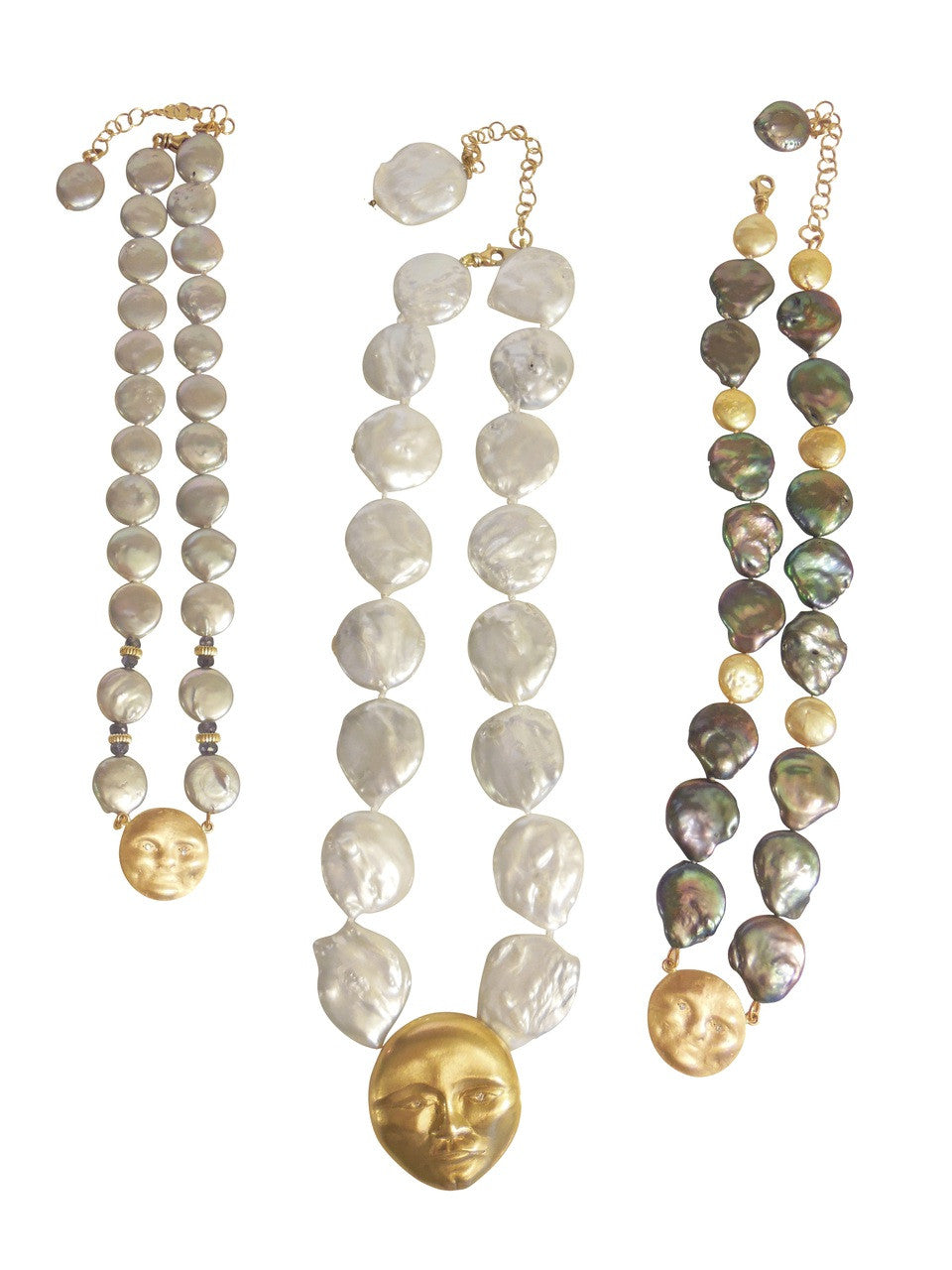 14K Face, Diamond Eyes on rainbow blackish & golden coin pearl necklace : small-1