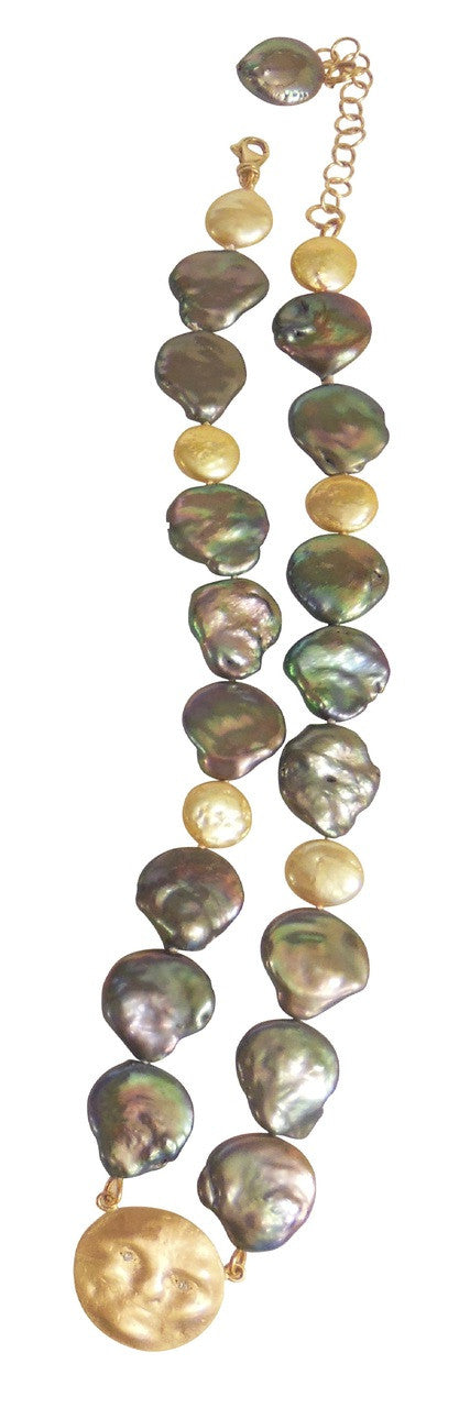 14K Face, Diamond Eyes on rainbow blackish & golden coin pearl necklace : small-3