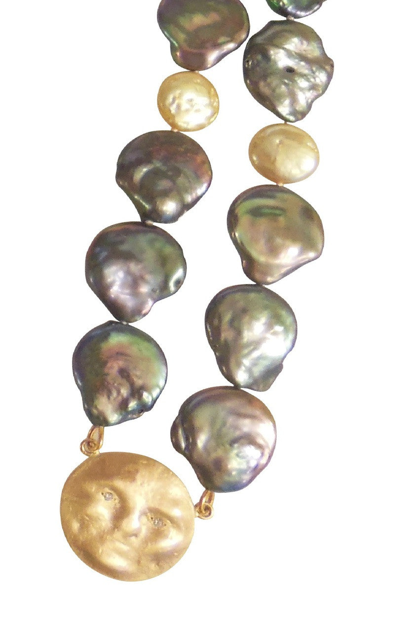 14K Face, Diamond Eyes on rainbow blackish & golden coin pearl necklace : small-2
