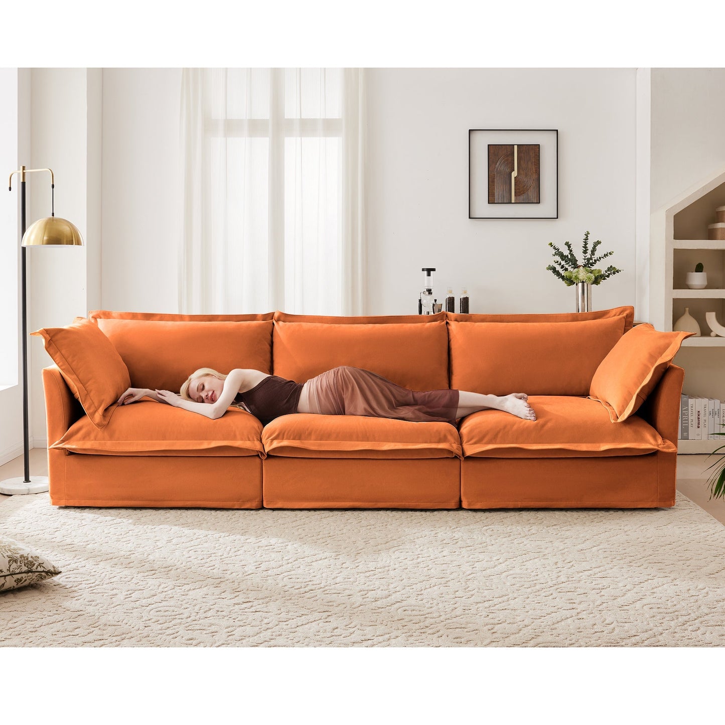 Slipcovered Sofa Couch, Modern 3 Seater Sofa with Suppleness Armrests, Chenille Fleece Deep Seat Sofa with Soft Multiple Big Pillows, Comfy Couch for Living Room, Apartment,Chenille Fabric, Orange