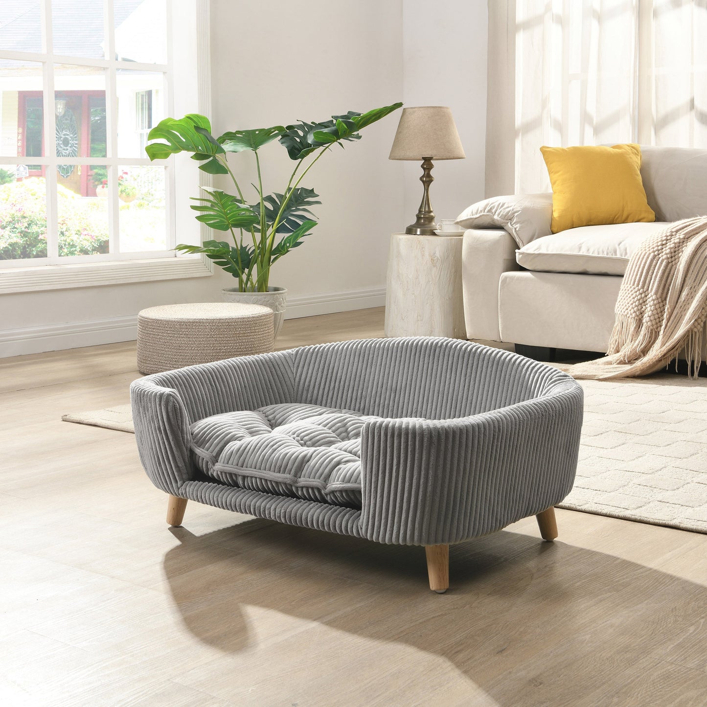 Elevated Dog Bed Frame for Small Dog, Corduroy Pet Couch Bed with Rubber Wood Legs and Supportive Foam, Gray, Easy Assembly