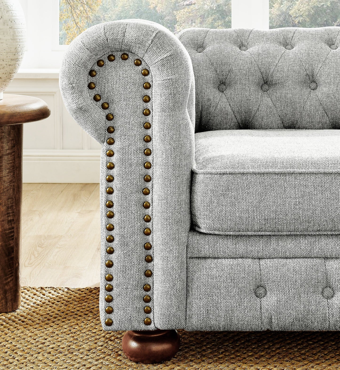 Chesterfield Sofa Tufted Linen Upholstered 3-Seater Sofa Scrolled Arms with Nailhead Decoration, Gray (88.5''x37''x28'')