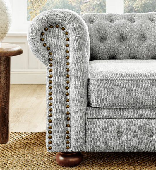 Chesterfield Sofa Tufted Linen Upholstered 3-Seater Sofa Scrolled Arms with Nailhead Decoration, Gray (88.5''x37''x28'')