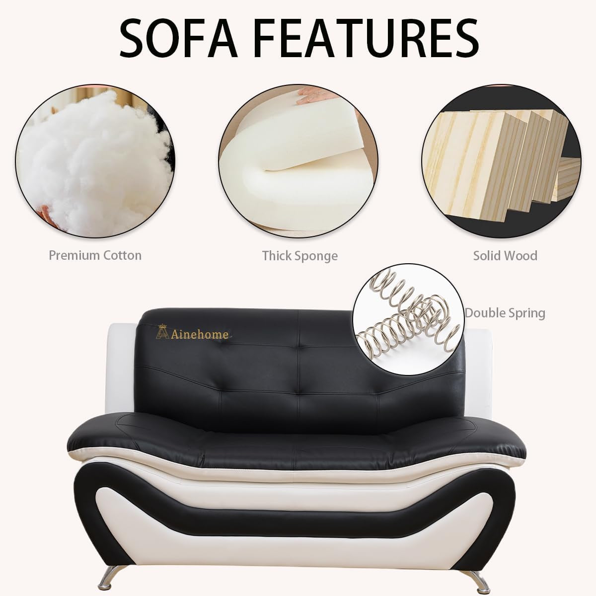 Sectional Sofa Sets, Living Room Furniture Sets Modern Faux Leather Sofa Couch 5-Seat Sofa for Living Room(C-Black/White, Sofa+Loveseat)