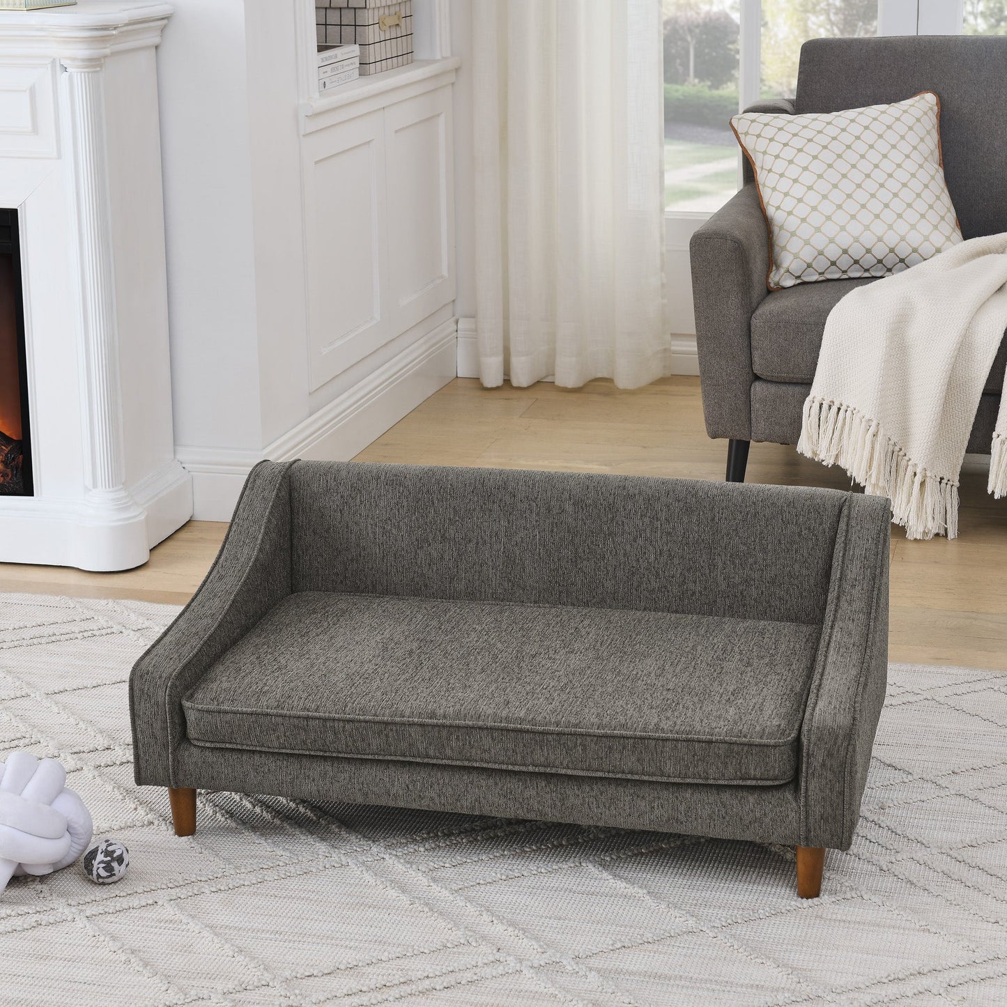 Durable Elevated Dog Sofa Bed with Modern Irregular Armrest Design, Comfortable Soft Pet Sofa - Dark Gray